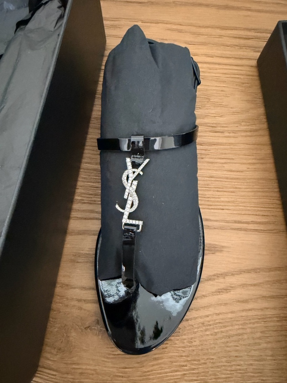 Yves Saint Laurent Black Patent Leather T-Strap Sandal with Crystal YSL Logo